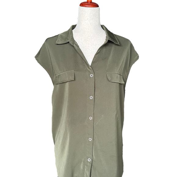 Lotusmile Olive Green Button-Down Blouse | Cap Sleeves, Pockets, Size Large - Picture 1 of 8